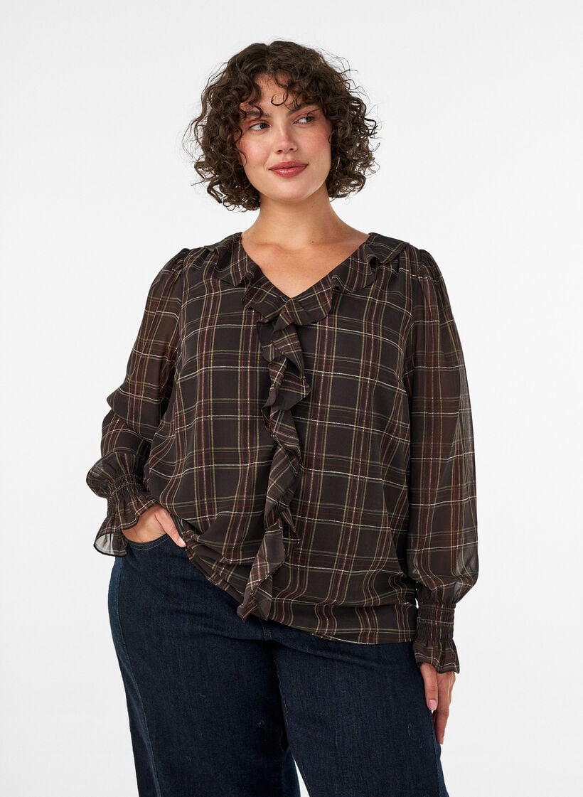 Blouse with check and ruffle details, Green, Model image number 0