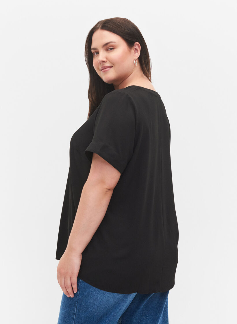 Short-sleeved v-neck blouse, Black, Model image number 2