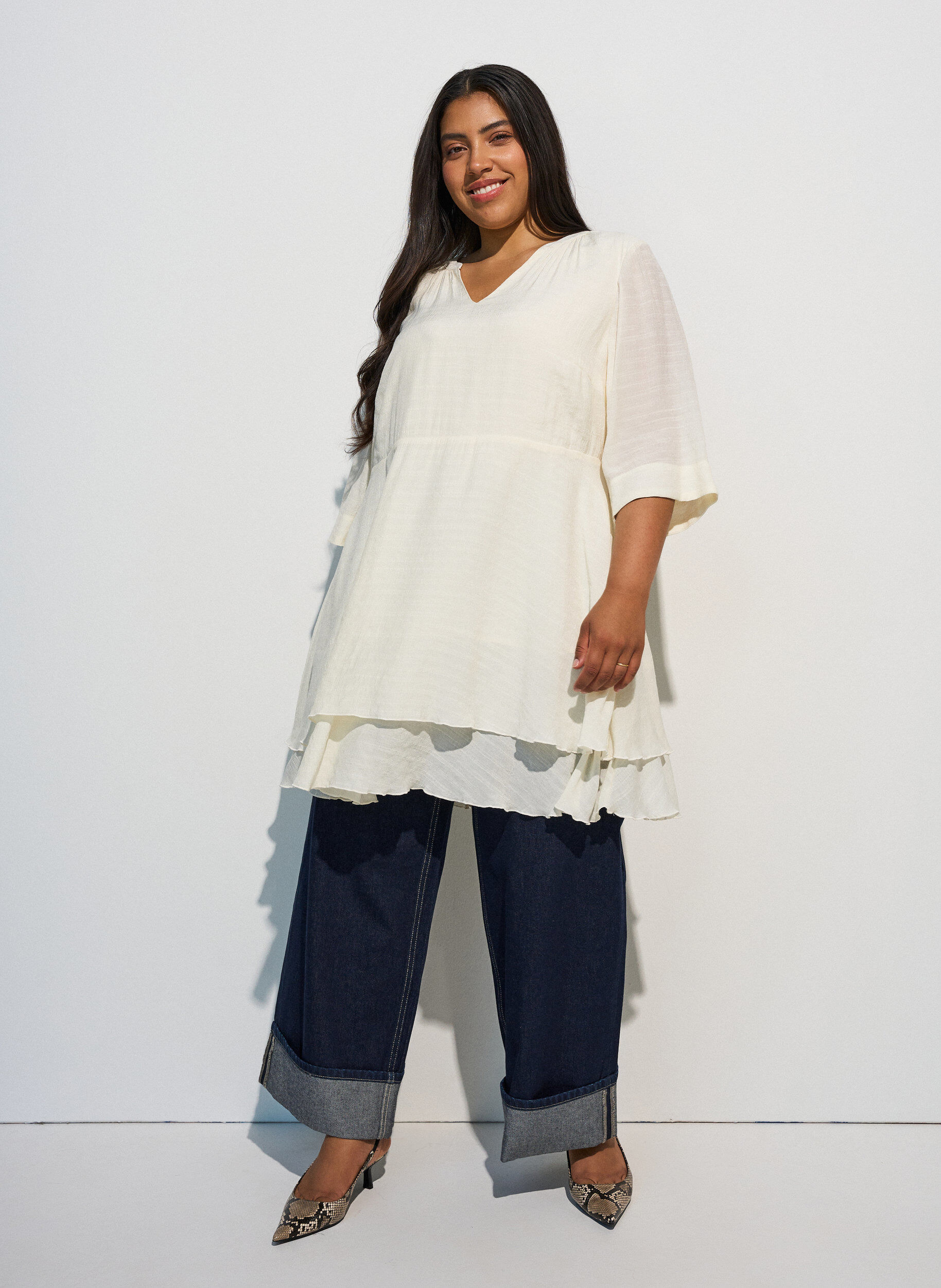 ZizzifashionA-line dress with layered ruffles, Vanilla, Model image number 1
