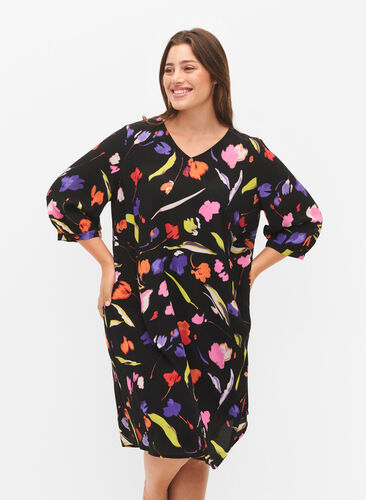 Dress in viscose with print and 3/4 sleeves, Faded Tulip AOP, Model image number 0