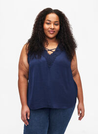 Top with lace and cross detail, Navy, Model