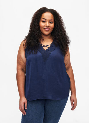 Top with lace and cross detail, Navy, Model image number 0
