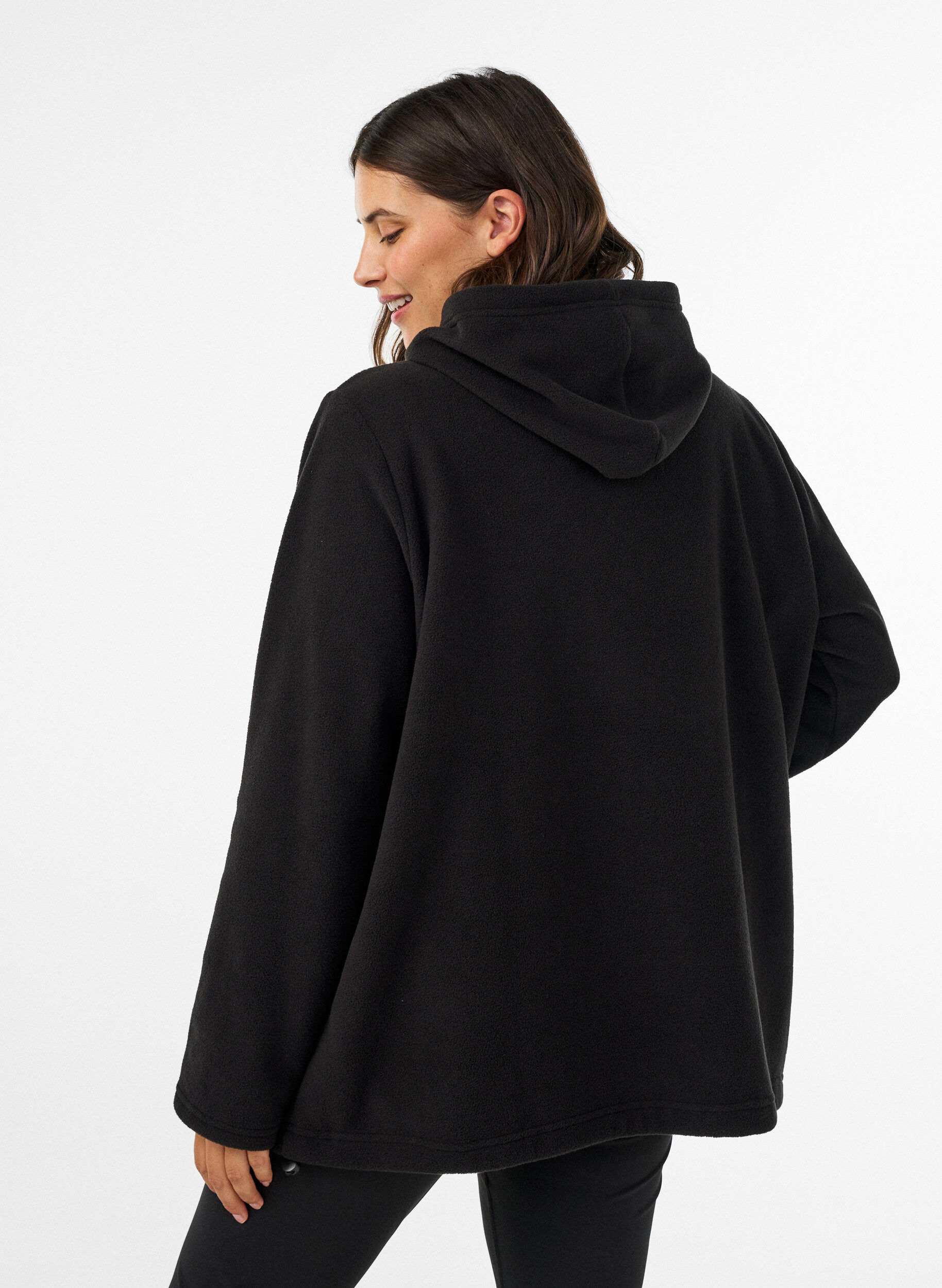 ZizzifashionFleece hoodie with a high neck and embroidered text, Black, Model image number 2