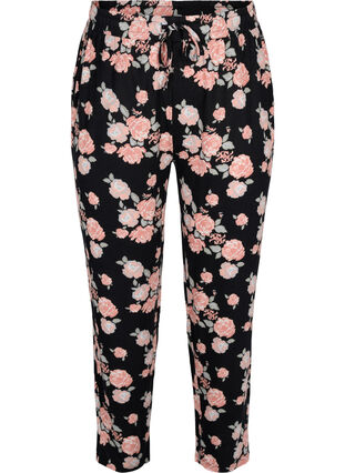 Floral viscose pyjama trousers, Black Flower AOP, Packshot image number 0