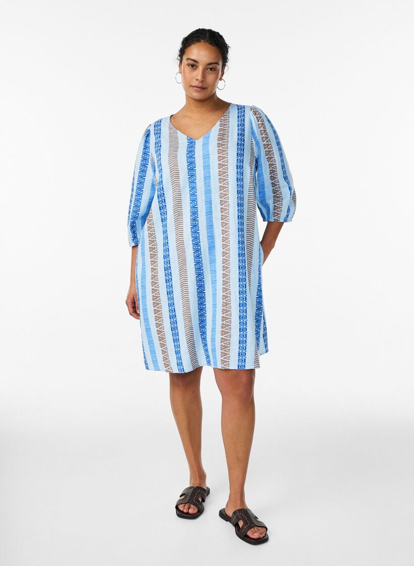 Short dress in linen and viscose with 3/4 sleeves, Blue, Model image number 1