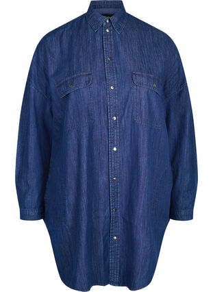 Oversized denim shirt in cotton, Dark blue denim, Packshot image number 0
