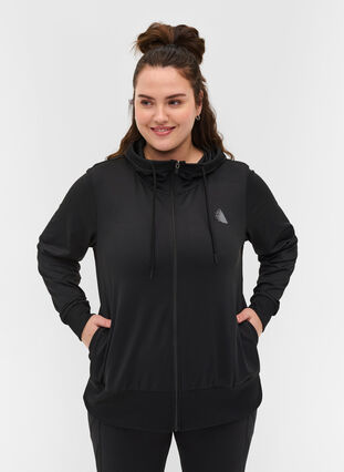 Hooded exercise cardigan with zip, Black, Model image number 0