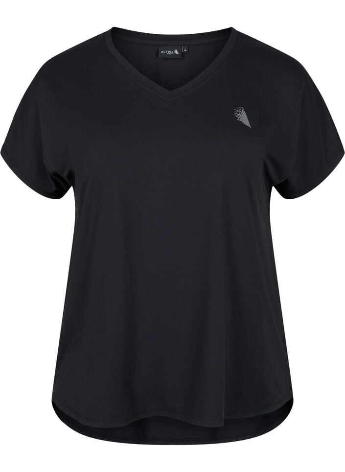 Short sleeve sport t-shirt with v-neck, Black, Packshot image number 0