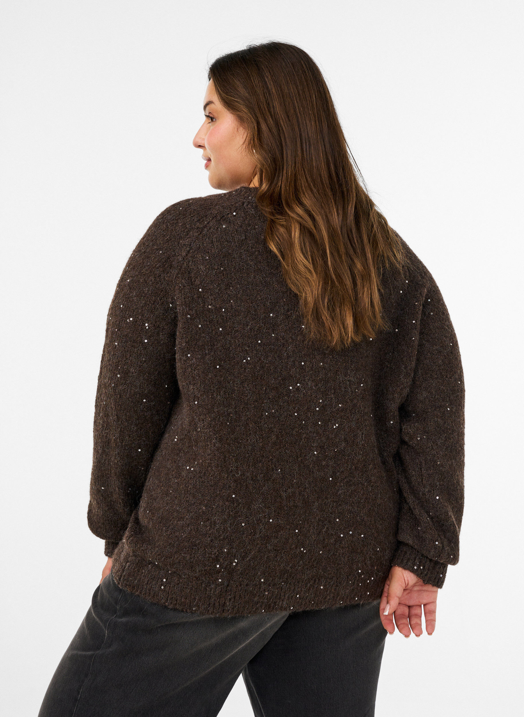 ZizzifashionCardigan with sequins and buttons, Brown, Model image number 2