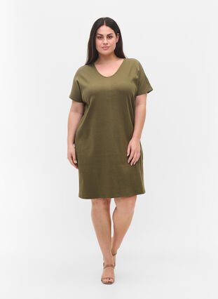 Short-sleeved cotton dress in rib knit, Ivy Green, Model image number 2