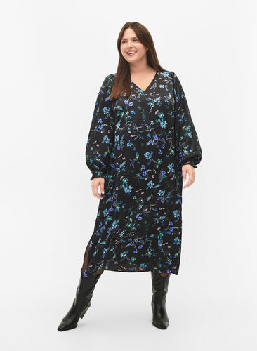 Long-sleeved midi dress with floral print, Blue Flower AOP, Model image number 0