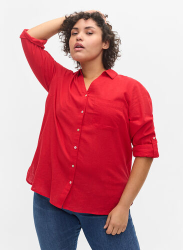 Blouse with 3/4-length sleeves and buttons, Chinese Red, Model image number 0