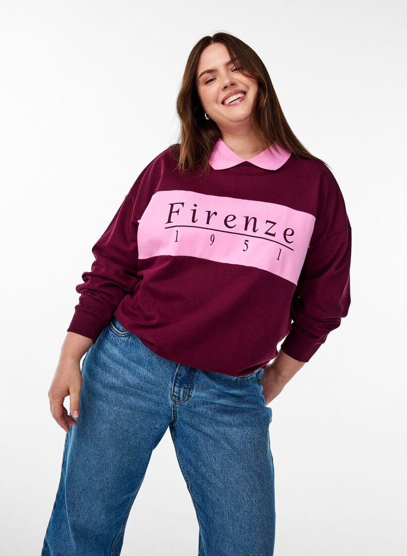 Organic cotton sweatshirt with collar and contrast print, Dark Bordeaux, Model image number 3