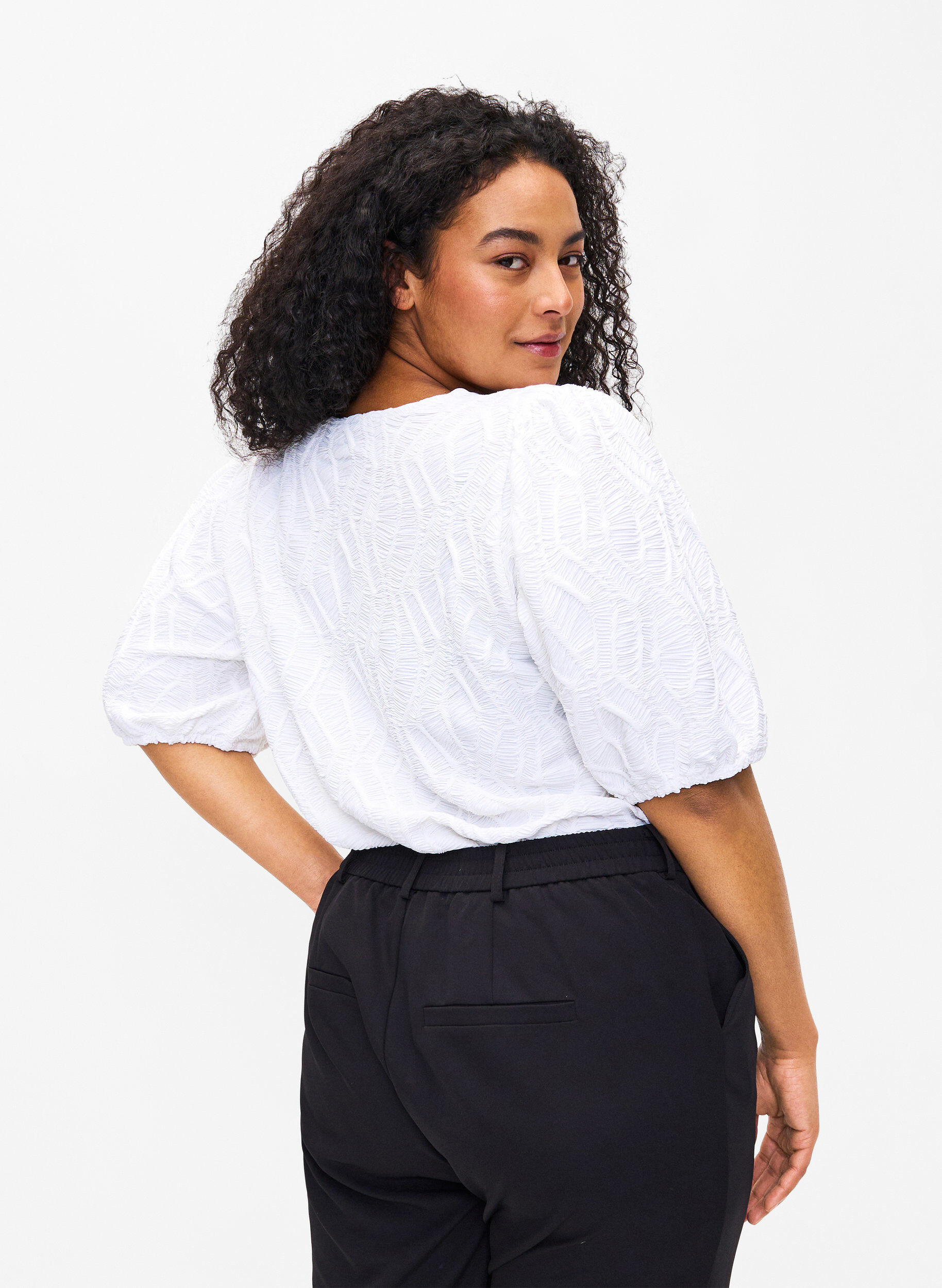 Zizzifashion Textured blouse with short sleeves, Bright White, Model image number 1