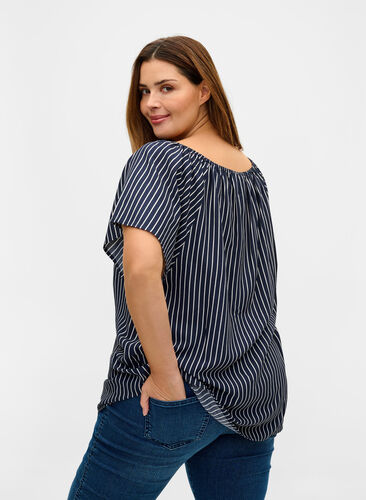 Short-sleeved striped viscose blouse, Blue White stripe, Model image number 1