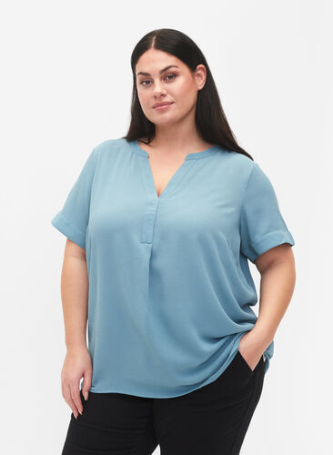 Short-sleeved v-neck blouse, Smoke Blue, Model image number 0