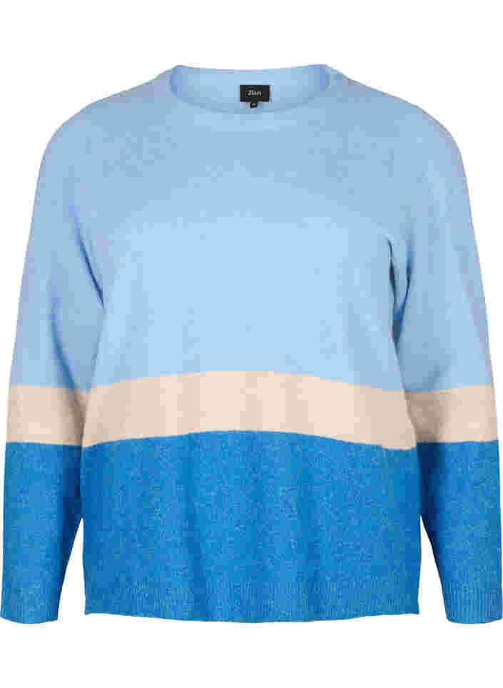 Striped knitted jumper with round neckline, Skydiver Comb, Packshot image number 0