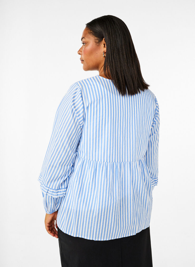Striped blouse with open front and embroidery details, Light Blue, Model image number 2
