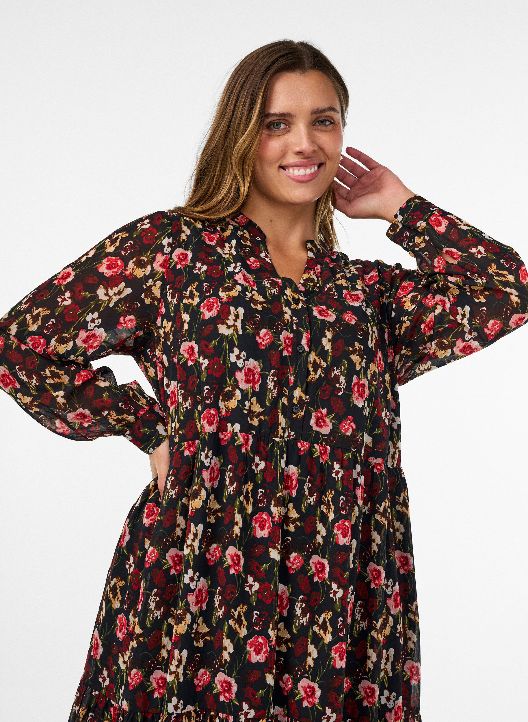 ZizzifashionDress with all-over print and a ruffle layer, Black, Model image number 2