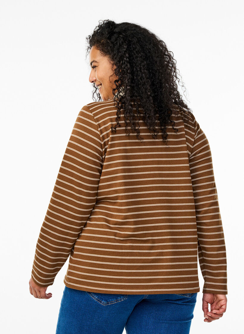 Striped polo shirt with zipper, Brown, Model image number 2