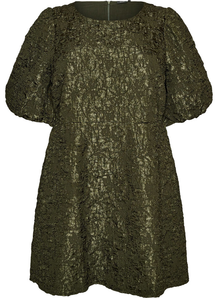 Jacquard dress with puff sleeves and A-line, Green, Packshot image number 0