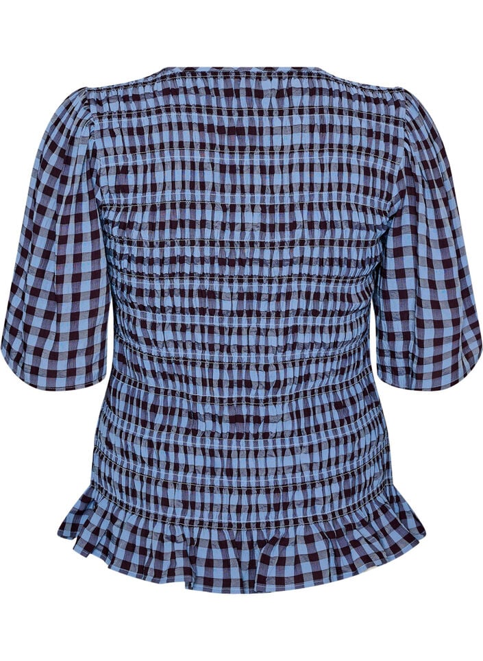 Smock blouse with gingham check and ruffle hem, Blue, Packshot image number 1