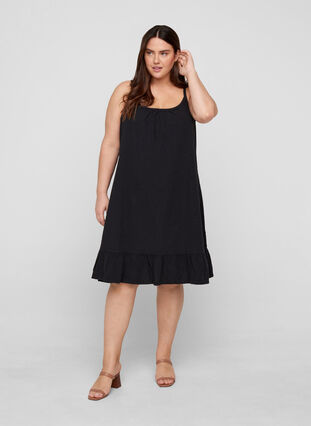 Cotton dress with thin straps and an A-line cut, Black, Model image number 2