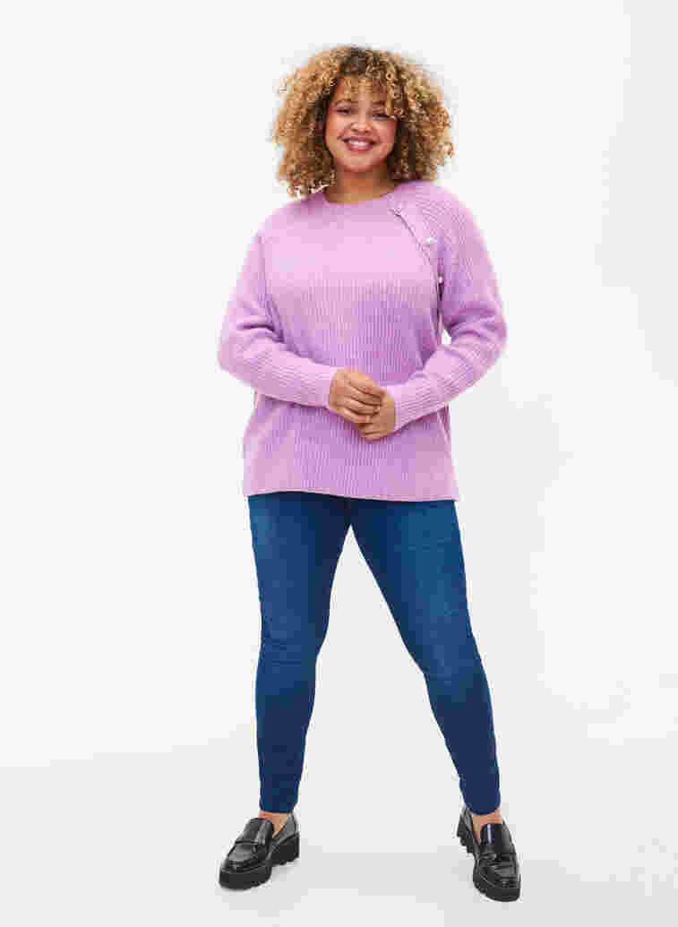 Melange knit sweater with pearl buttons, Purple Mel., Model image number 3
