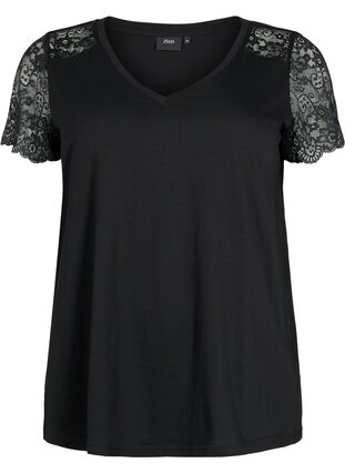 Cotton t-shirt with short lace sleeves, Black, Packshot image number 0