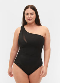 One-shoulder swimsuit with mesh, Black, Model