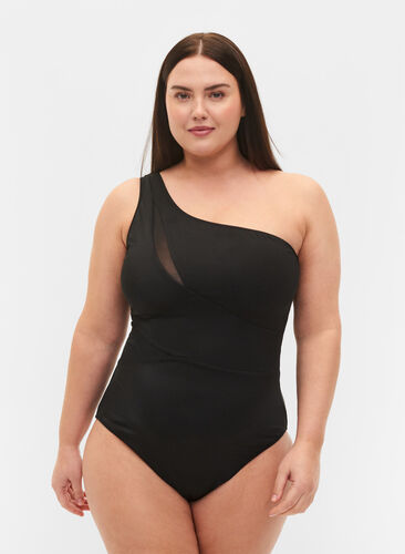 One-shoulder swimsuit with mesh, Black, Model image number 0