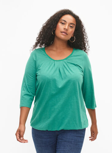 Cotton blouse with 3/4 sleeves, Pine Green, Model image number 0