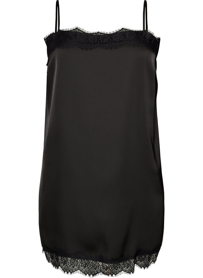 Long satin top with lace edges, Black, Packshot image number 0