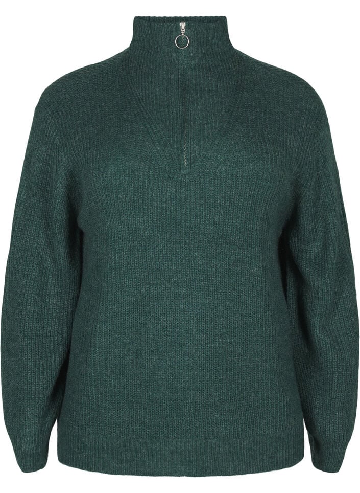 Knitted sweater with high neck and zipper, Green, Packshot image number 0