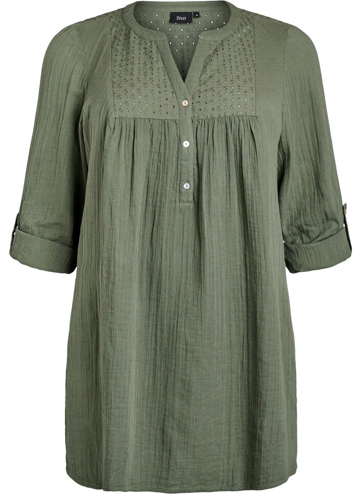 Cotton muslin tunic with broderie anglaise, Green, Packshot image number 0