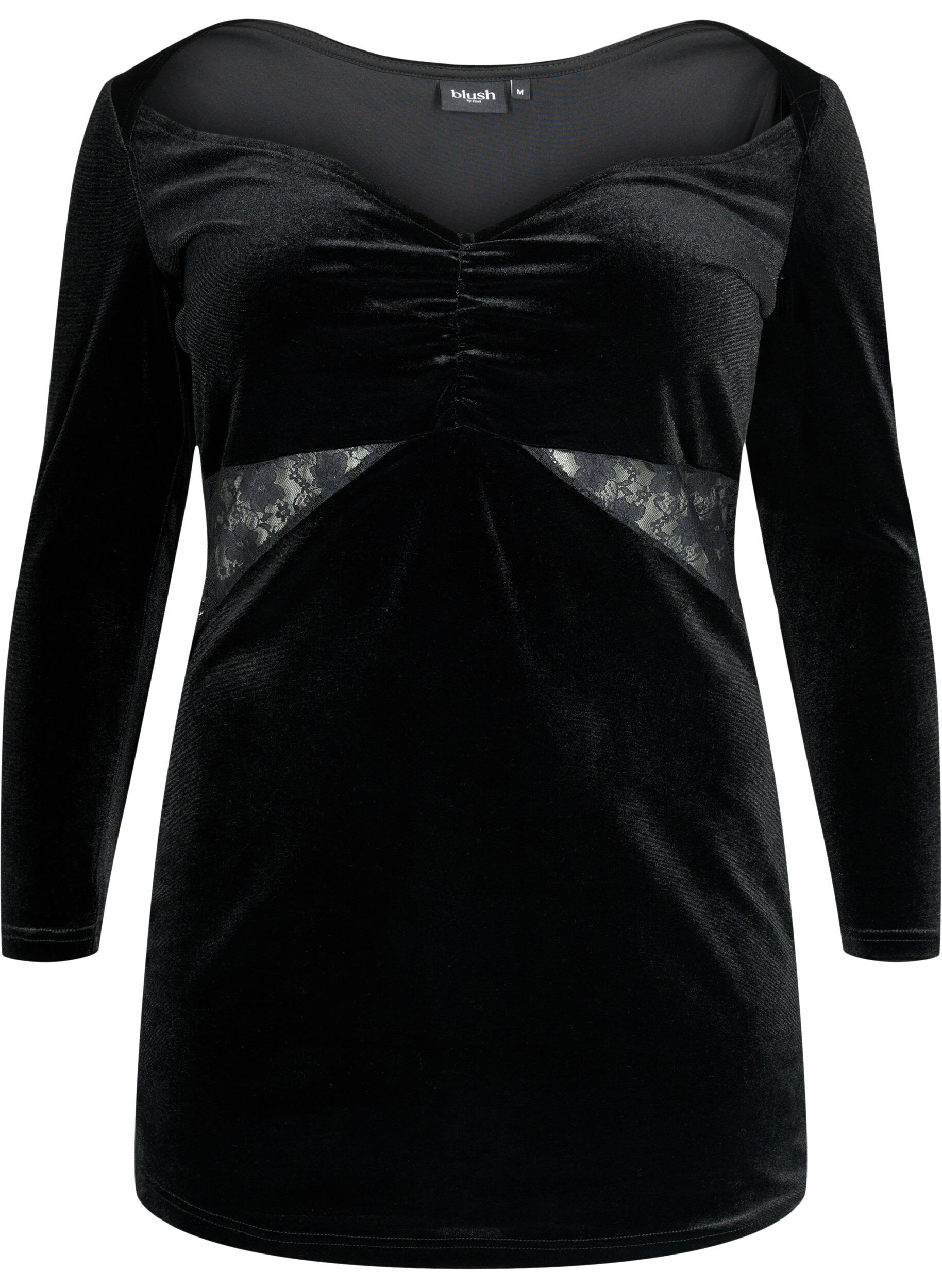 Zizzifashion Short velour dress with lace detail, Black, Packshot image number 0
