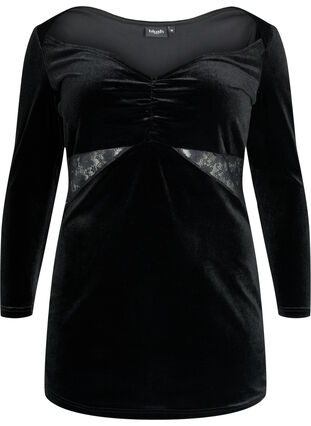 Short velour dress with lace detail, Black, Packshot image number 0