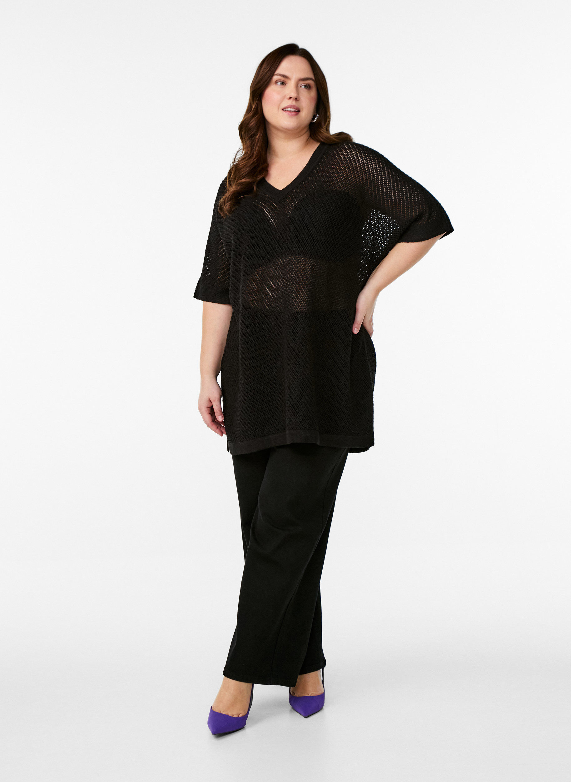 Zizzifashion FLASH - Short-sleeved knitted blouse with v-neck, Black, Model image number 1