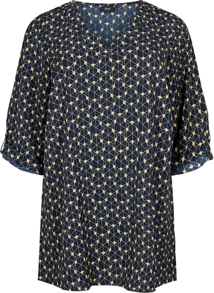 A-shape tunic with print, Blue Beige AOP, Packshot image number 0