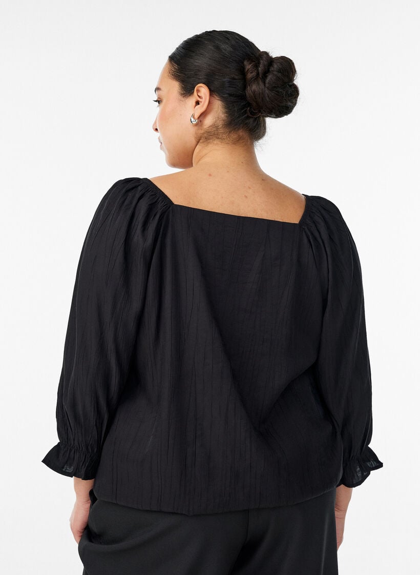 Viscose blouse with a square neck and 3/4-sleeves, Black, Model image number 2