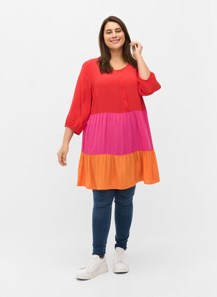 Viscose tunic with colour-block, Pink Block, Model image number 2