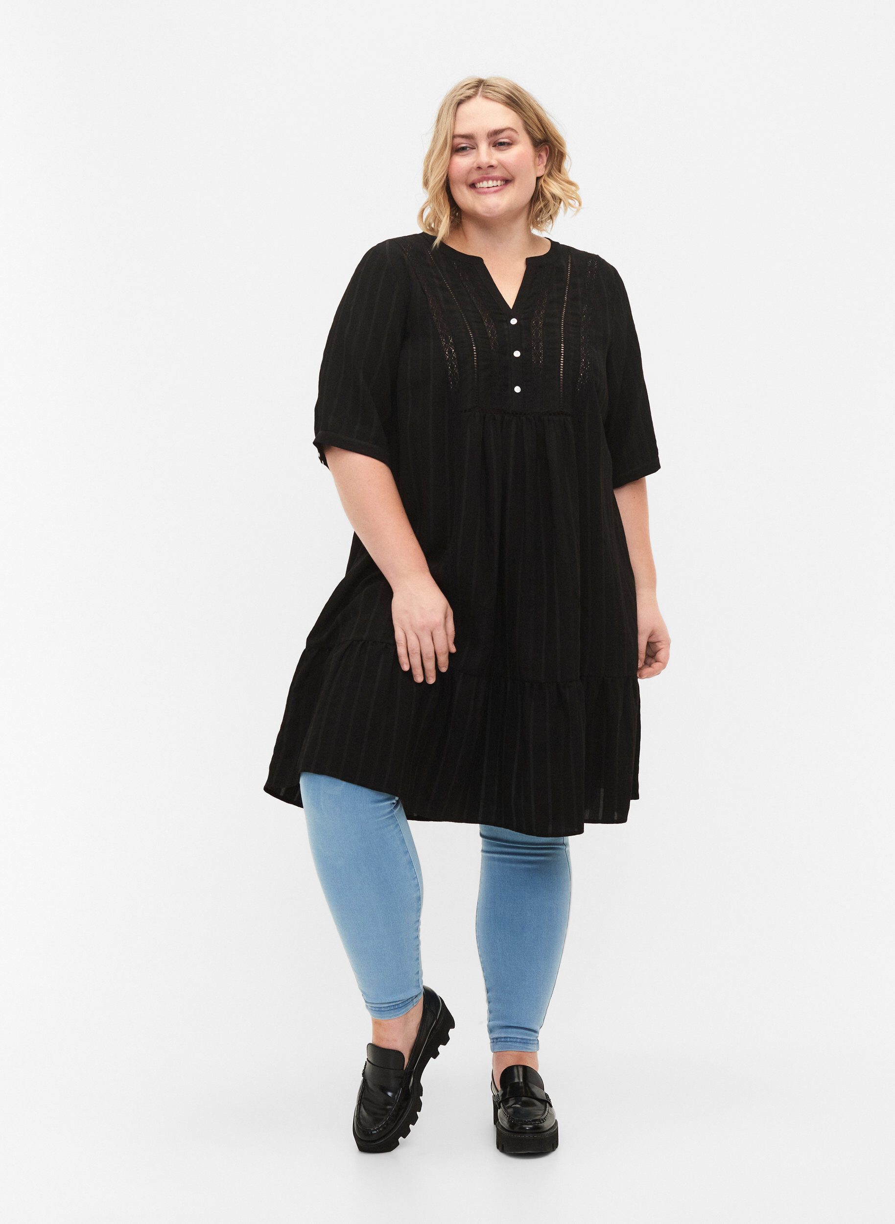 Zizzifashion Striped viscose dress with lace ribbons, Black, Model image number 2