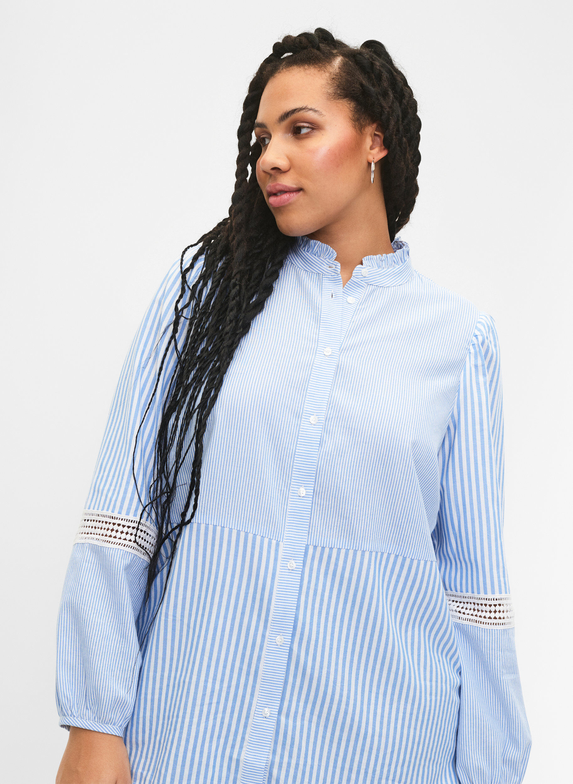 Zizzifashion Shirt blouse with ruffle collar and crochet band, Marina W. Stripe, Model image number 2