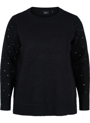 Knitted blouse with ribbing and rhinestones, Black, Packshot image number 0
