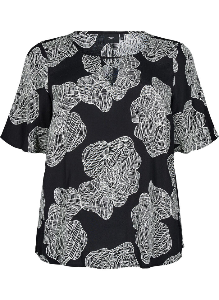 Short sleeve viscose Blouse with print, Black, Packshot image number 0