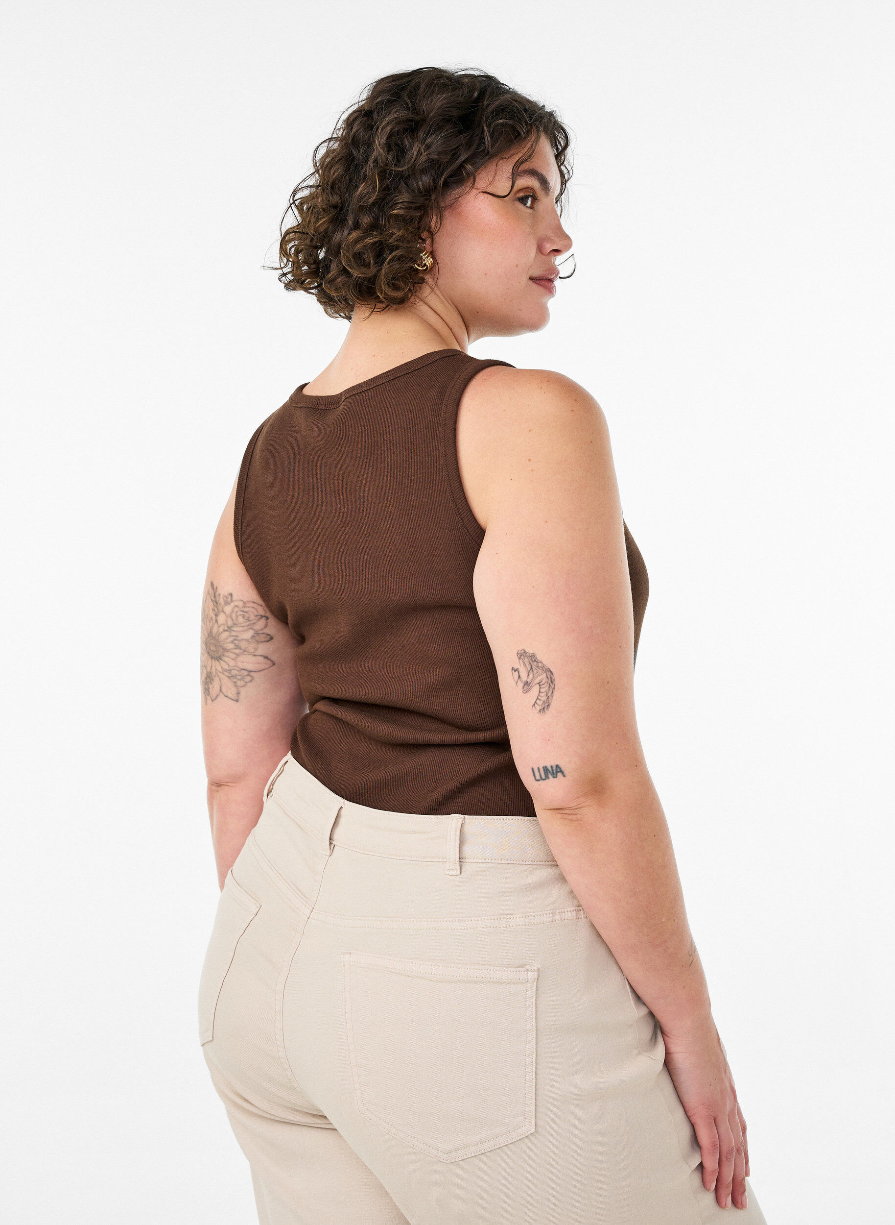 ZizzifashionCotton ribbed top with high neck, Brown, Model image number 2