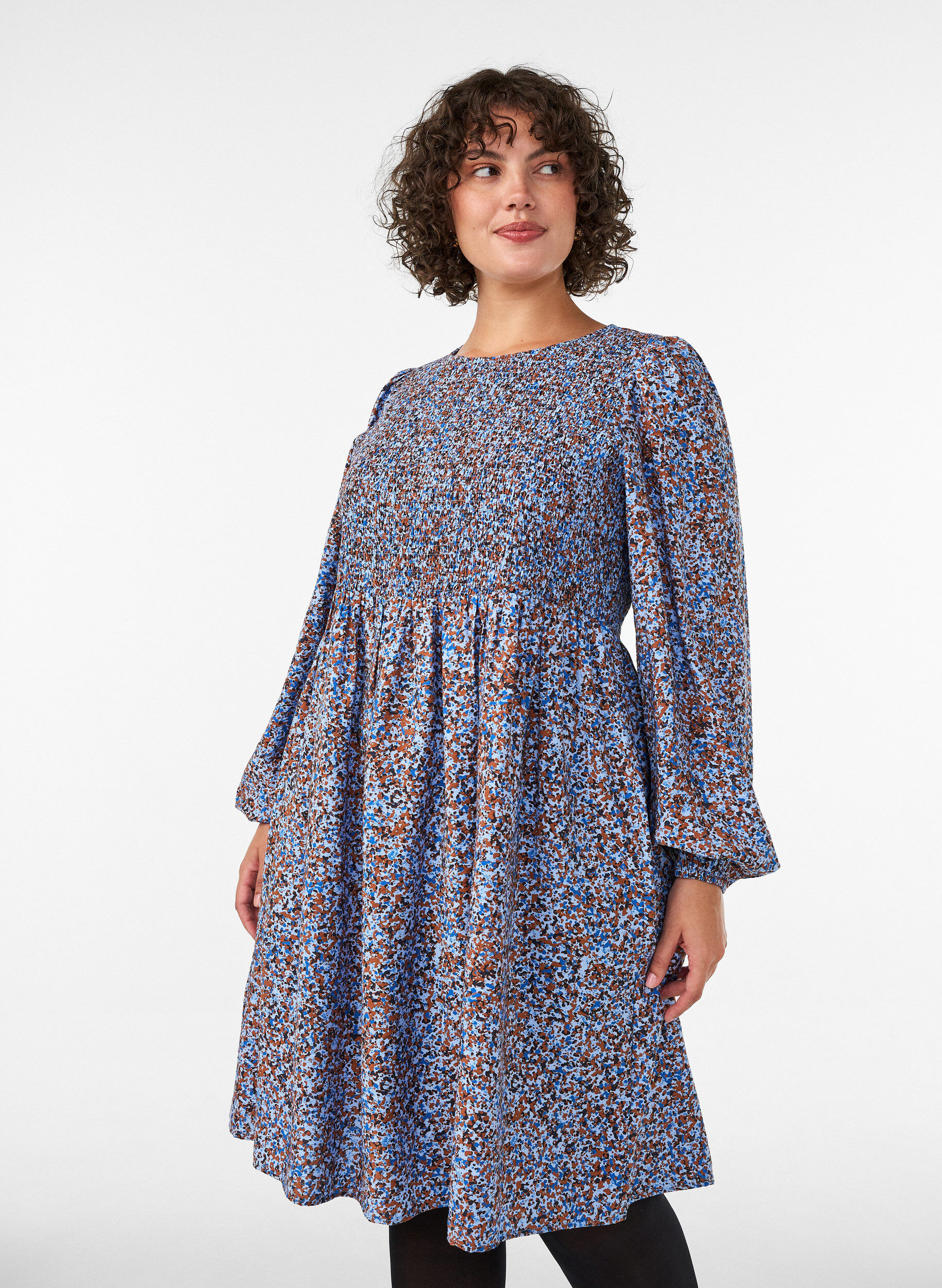ZizzifashionViscose dress with smock and an all-over pattern, Light Blue, Model image number 0