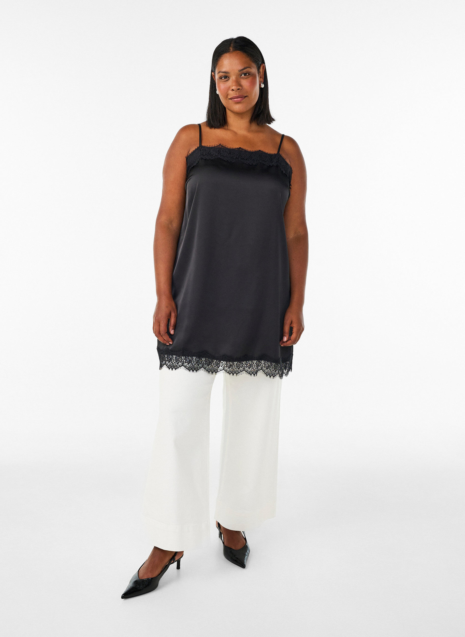 ZizzifashionLong satin top with lace edges, Black, Model image number 1