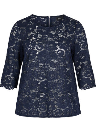 Lace blouse with 3/4 sleeves, Navy Blazer, Packshot image number 0