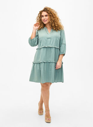 3/4 sleeve cotton dress with ruffles, Chinois Green, Model image number 2